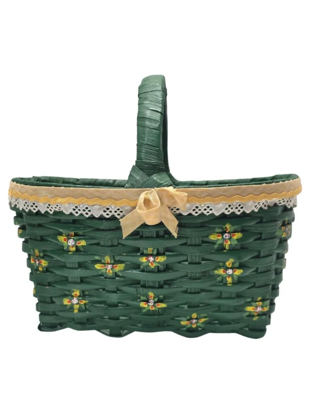 Handwoven Green Woven Basket Floral Painted Lace Trim Handle Easter Gift Basket